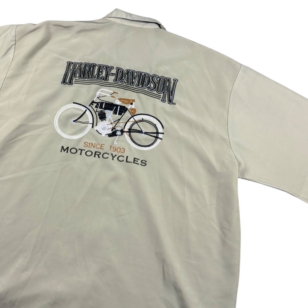 Vintage Harley Davidson Men XXL Tan Short Sleeve Button Up Shirt Wing Logo Khaki